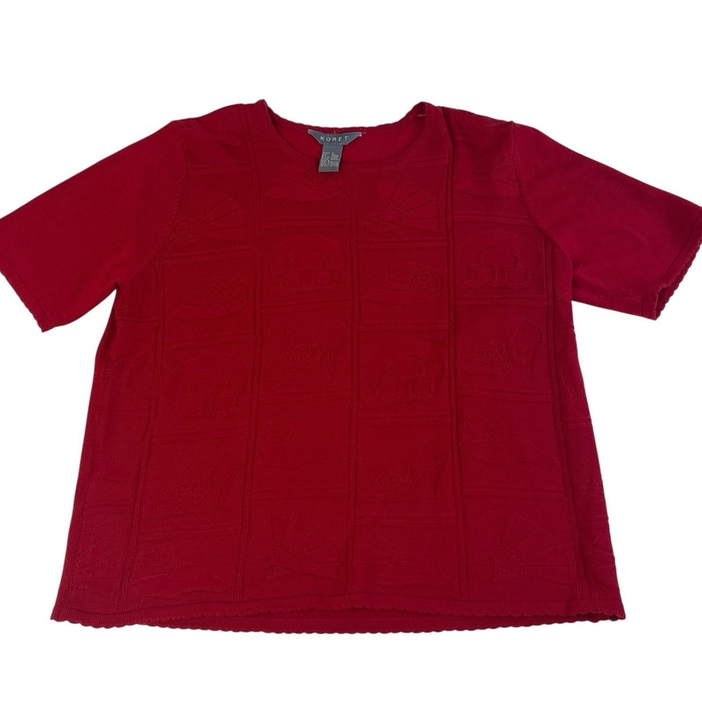 Koret Red Jacquard Knit Top Womens L Fan Hat Heels Novelty Blouse Vintage S/S